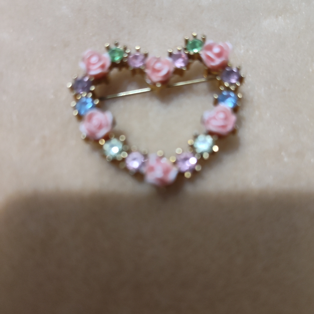 Floral Heart Brooch with Multicolor Gems